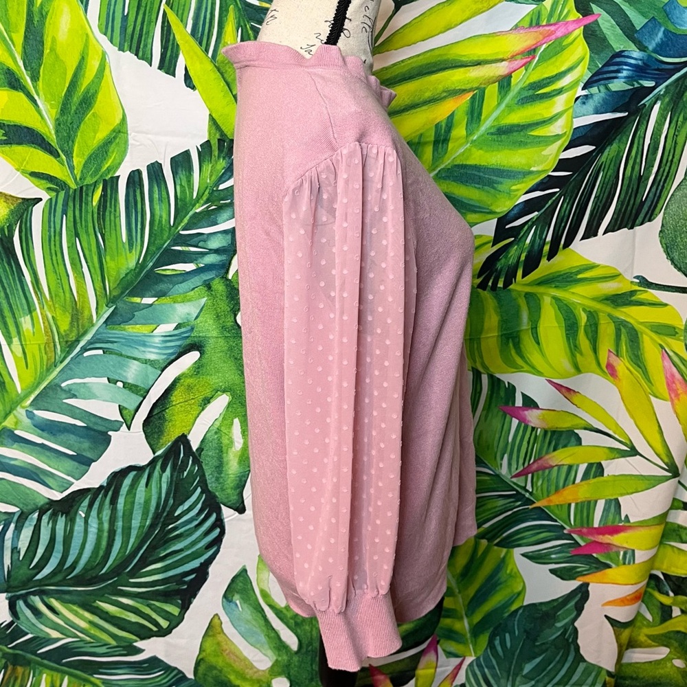 Adrianna Papell L Pink Sheer Polka Dot Sleeve Preppy Spring Office Church Blouse